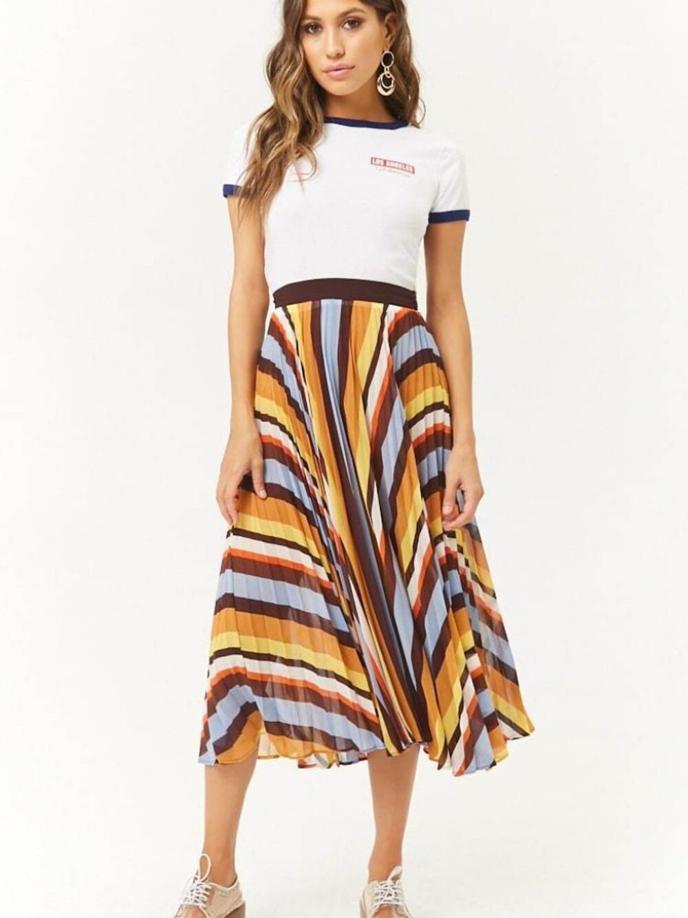 Forever 21 Rainbow Accordion-Pleated Midi Skirt Small S